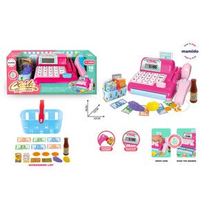 Mamido Mamido Dětská pokladna s nákupním košíkem a potravinami růžová 18ks kalkulačka