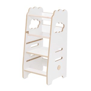 PLUSH NEST PLUSH NEST Dřevěná učící věž / Kuchyňský pomocník 3 nastavení výšky, bílá, s motivem mráčku