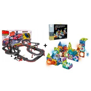 Mamido Mamido Výhodná sada Autodráha Gigant 1420cm + Magnetická svítící stavebnice kuličková dráha 75 dílů