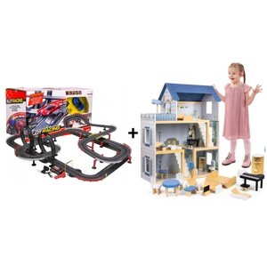 Mamido Mamido Výhodná sada Autodráha Gigant 1420cm + Domeček pro panenky Roxana s nábytkem a příslušenstvím XL 78cm 15ks + LED osvětlení