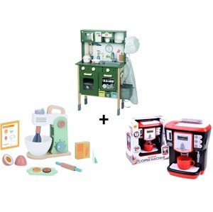 Mamido Mamido Velká kuchyňská sada Dřevěná kuchyňka s doplňky zelená + Dětský dřevěný mixér na pečení + Dětský kávovar se zvuky