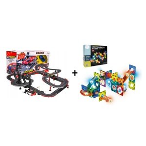 Mamido Mamido Výhodná sada Autodráha Gigant 1420cm + Magnetická svítící stavebnice kuličková dráha 49 dílů