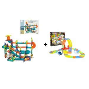 Mamido Mamido Výhodná sada Magnetická stavebnice kuličková dráha 96 dílů + Svítící autodráha Variable 157 dílů