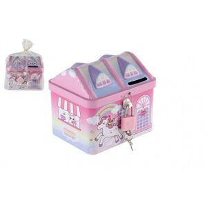 Teddies Pokladnička domeček jednorožec plechová se zámkem 11x9cm růžová